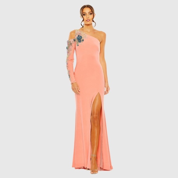 Mac Duggal 2204 NWT One Shoulder Long Sleeve Floral Embellished Gown - Picture 1 of 11